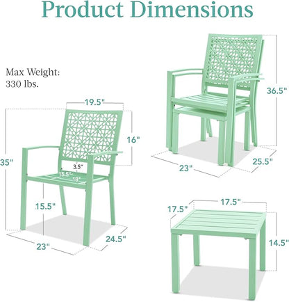 Best Choice Products 3-Piece Outdoor Bistro Set, Stackable Modern Steel Furniture for Porch, Garden w/ 2 Chairs, Table, Geometric Decor - Mint Green