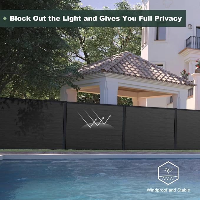 Mondaria Privacy Fence Panels for Outside,6ft(W) x 6ft(H) Outdoor Privacy Panels with 1 Post,Wind Resistant Wood Plastic Composite Fencing Panels for Patio,Backyard,Garden and Swimming Pool(Black)