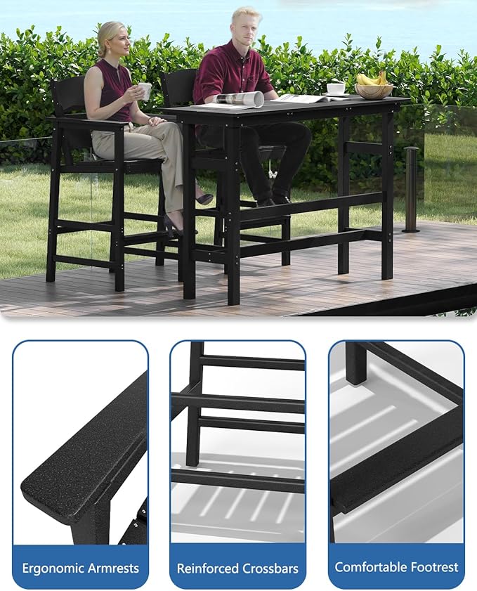 FOOWIN 3 Piece Outdoor Bar Height Table and Chairs, All Weather HDPE Patio Bar Set Outdoor Bistro Set,Adirondack Bar Chairs Set of 2 Outdoor Furniture for Bistro, Poolside, Backyard Black