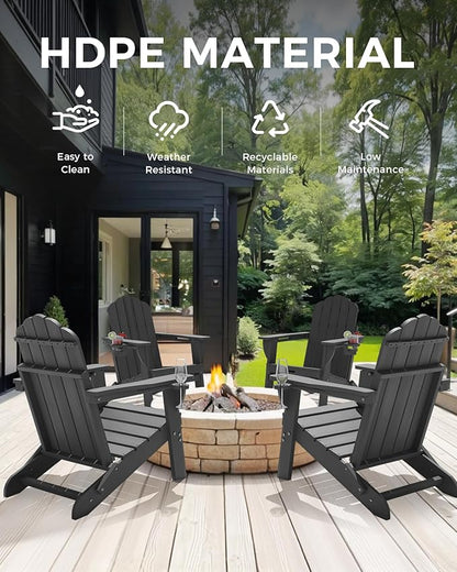 Folding Adirondack Chair,All-Weather HDPE Fire Pit Chair with 2 Cup Holders, Plastic Outdoor Chair for Patio Deck Garden Lawn, Grey