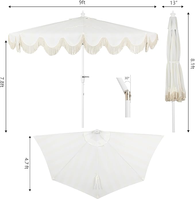 JONATHAN Y Half Umbrella UMB1201K Beverly 9 ft. Designer Classic Scalloped Fringe Market Patio with Crank, Tilt Button and UV Protection in Cream/White, White Pole