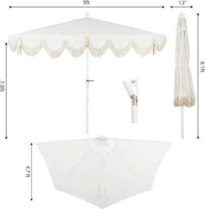 JONATHAN Y Half Umbrella UMB1201K Beverly 9 ft. Designer Classic Scalloped Fringe Market Patio with Crank, Tilt Button and UV Protection in Cream/White, White Pole