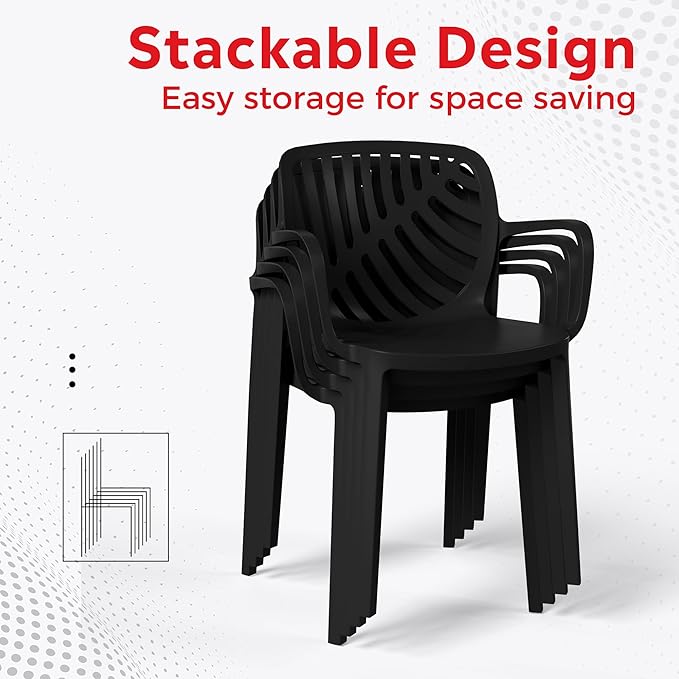 Costaelm 4 Person Dining Table Set, HDPE Patio Round Dining Table and Stackable Chair, Kitchen & Dining Room Sets All Weather for Backyard Porch Poolside, Black