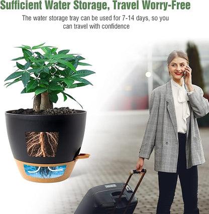 UOUZ 12inch 2Pack Large Self Watering Planters, Plastic Plant Pots with 60oZ Removable Deep Reservoir and Multi Mesh Drainage Holes for Indoor Outdoor Garden Plants and Flowers, Black with Brown