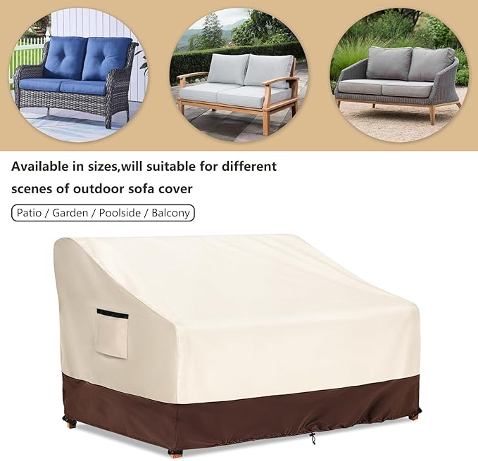 2-Seater Patio Sofa Cover, 600D Heavy Duty Waterproof Outdoor Sofa Covers, 58 W x 32.5 D x 31 H Inches Outdoor Couch Cover, Patio Furniture Covers, Lvory&Brown