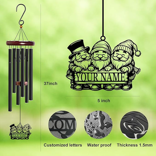 Personalized Customize Name Gnome Wind Chime, Metal Iron 37 Inch Outdoor Memorial Gift for Garden Yard Patio Home Decor, Black，Christmas (Style J)