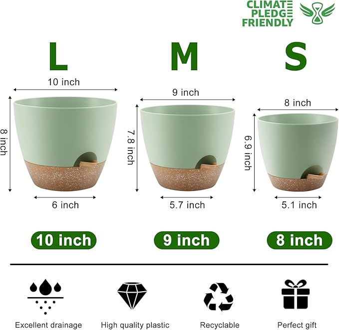 QRRICA Plant Pots 10/9/8 Inch Self Watering Pots, Set of 3 Plastic Planters with Drainage Holes and Saucers,Plastic Flower Pots,Nursery Planting Pot for Indoor Out Door Plants（Green）