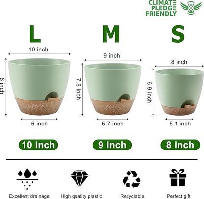 QRRICA Plant Pots 10/9/8 Inch Self Watering Pots, Set of 3 Plastic Planters with Drainage Holes and Saucers,Plastic Flower Pots,Nursery Planting Pot for Indoor Out Door Plants（Green）