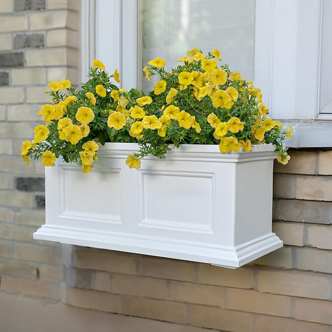 Mayne Fairfield 2ft Window Box, Self Watering Flower Box with Double Wall Design, All Season Fade Resistant Outdoor Window Planter with Steel Mounting Bracket, White