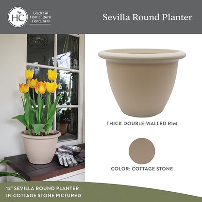The HC Companies Sevilla Flower Planters - Outdoor & Indoor Planter - Round Self Watering Plant Pots for Herbs & More (16”, Cottage Stone, Pack of 2)