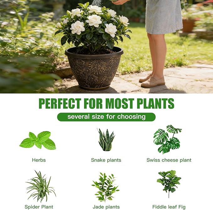 Nooulap 6 Pack 8 inch Plant Pots, Retro Firework Embossed Flower Pots with Drainage Holes and Saucer, Durable Plastic Plant Pots for Indoor Outdoor Gardening and Home Decoration