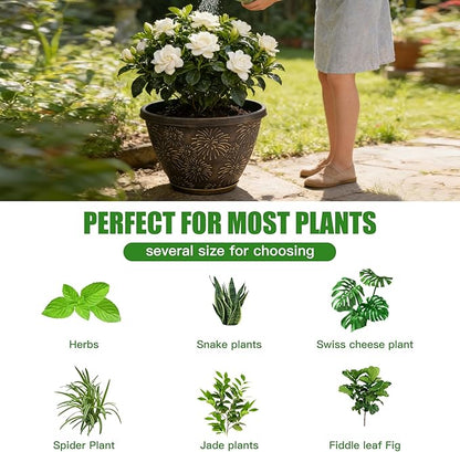 Nooulap 6 Pack 8 inch Plant Pots, Retro Firework Embossed Flower Pots with Drainage Holes and Saucer, Durable Plastic Plant Pots for Indoor Outdoor Gardening and Home Decoration