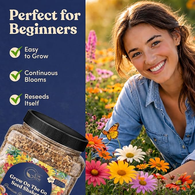 Bulk Wildflower Seed Shaker – Perennial Flower Seeds Mix to Plant Anywhere, by Geva Grow | 20 - Different Type Beautiful Perennial Wildflower Seeds Bulk 900,000+ Seeds, 1 Pound Tub