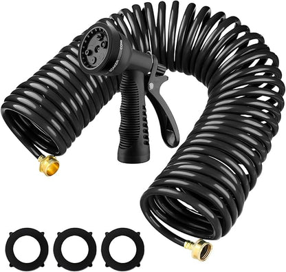 Pangda 25 Ft x 3/8'' Coil Garden Hose EVA Recoil Garden Self Coiling Expanding Water Hose with 6 Function Spray Nozzle Universal 3/4'' Brass Connector Fitting for Outdoor Yard(Black)