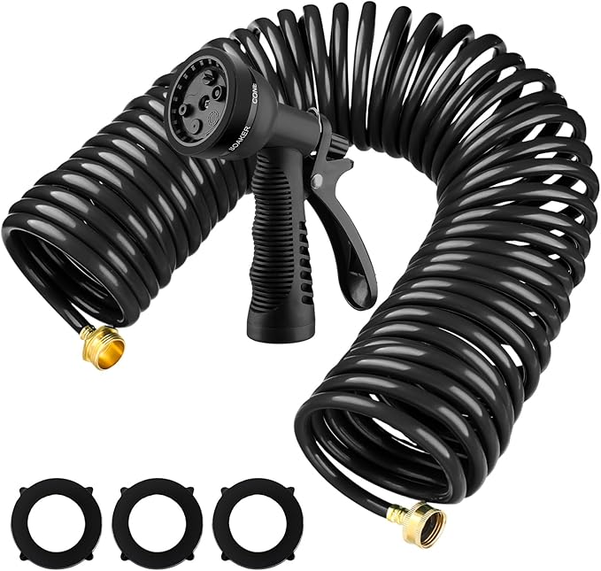Pangda 50 Ft x 3/8'' Coil Garden Hose EVA Recoil Garden Self Coiling Expanding Water Hose with 6 Function Spray Nozzle Universal 3/4'' Brass Connector Fitting for Outdoor Yard(Black)