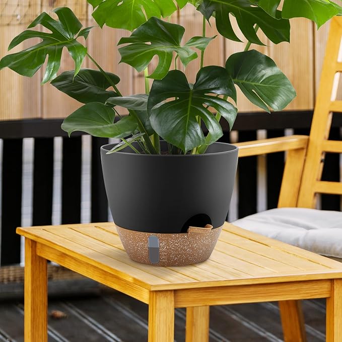 QRRICA 12/10/9 Inch Self-Watering Plant Pots with Water Level Indicator, Drainage Holes & Saucers – Large Plastic Planter Set for Indoor & Outdoor Plants(Black)