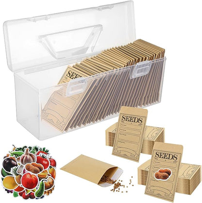 Plastic Clear Seed Storage Organizer Box with Handle, 1 Seed Saving Packet Container Box with 200 Envelopes and 50 Stickers for Plant Flower Vegetable Garden Lover Gifts