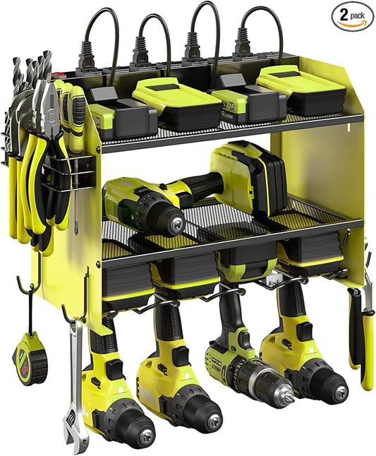 CCCEI Modular Power Tool Organizer Wall Mount with Charging Station. Garage Drill Storage Shelf with Hooks, Heavy Duty Rack, Tool Battery Holder Built in 8 Outlet. Gift for Men. Green, 2 Pack.