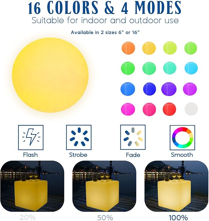 Novelty Lights 6 Inch RGB Sphere Rechargeable Night Light, Waterproof Mood Lighting with Remote Control, Color-Changing Glow Sphere for Indoor/Outdoor Use