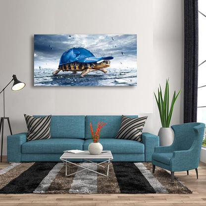 Haichuang Decor Art Funny Turtle Canvas Wall Art 40x20 Inches Framed Turtle with Blue Cap Wall Decor Wood Frame Waterproof HD Giclee Print Ready to Hang Humor Animal Artwork for Living Room Bedroom Bathroom
