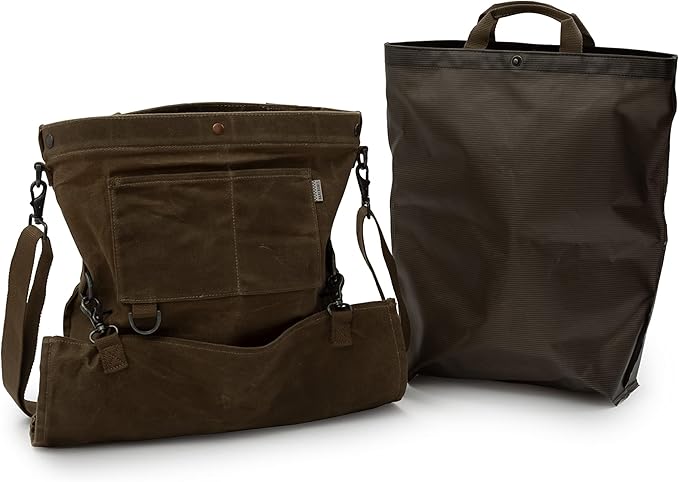 Barebones Harvesting and Gathering Bag - Foraging, Harvest and Fruit Picking Bag with Convertible Straps - Water-Resistant Waxed Canvas Gardening Tool Bag (Dark Khaki)