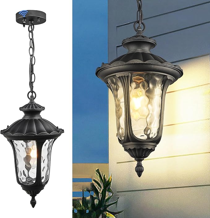 Outdoor Pendant Light Dusk to Dawn Sensor, 17.13 Inch Adjustable Exterior Hanging Light Fixture Black Outside Ceiling Chandelier for Entryway, Doorway, Farmhouse, Foyer