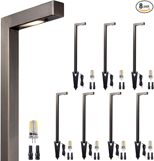 Gardenreet Brass Low Voltage Driveway Lights, 12V Landscape Pathway Light, AC/DC LED Waterproof Bronze L Shape Pathway Lamp for Patio House Garden with 3W 270LM 5000K G4 Bulb 8 Pack
