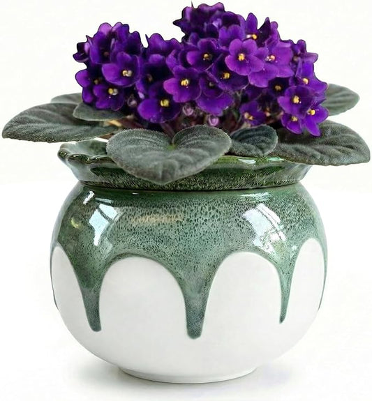 African Violet Pots, 6 Inch Self Watering Pots for Indoor Plants, Easy Plant Self Watering Planter, Ceramic Plant Pot with Absorbent Inner Pot for Flowers - Gradient Green (No Plants)