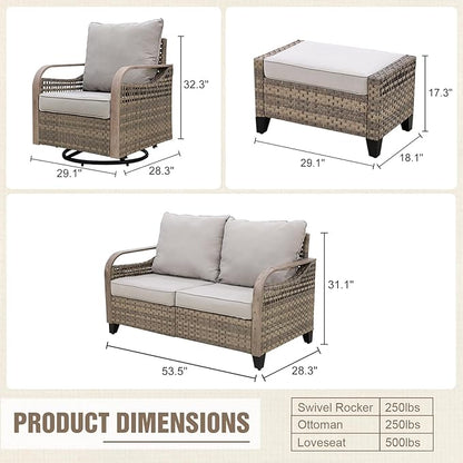Modern Wicker Patio Furniture Set, Rattan Outdoor Conversation Set with Comfortable Cushions, 2 Swivel Rocking Chairs, 2 Seat Loveseat and 2 Ottomans, 5 Pieces, Brown/Gray