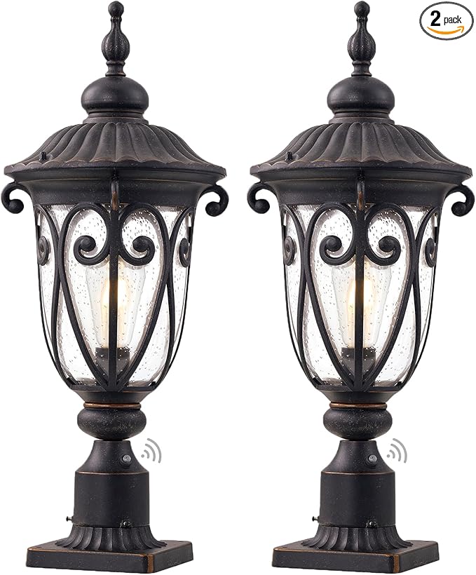 Dusk to Dawn Outdoor Post Light Fixture, 24in High Bronze Post Lantern with Pier Mount, Exterior Pole Lighting with Seeded Glass for Yard, Garden, Patio and Pathway, 2 Pack, LMMS0519-M-2P