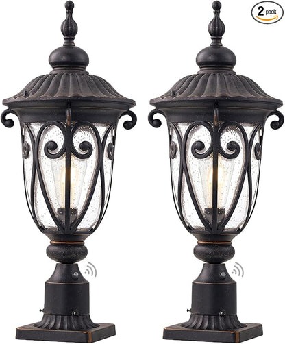 Dusk to Dawn Outdoor Post Light Fixture, 24in High Bronze Post Lantern with Pier Mount, Exterior Pole Lighting with Seeded Glass for Yard, Garden, Patio and Pathway, 2 Pack, LMMS0519-M-2P