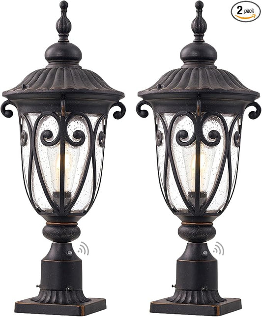 Dusk to Dawn Outdoor Post Light Fixture, 24in High Bronze Post Lantern with Pier Mount, Exterior Pole Lighting with Seeded Glass for Yard, Garden, Patio and Pathway, 2 Pack, LMMS0519-M-2P