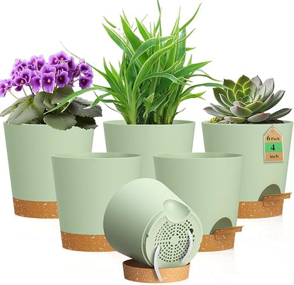 WSMKSZ 4 inch Self Watering Pots for Indoor Outdoor Plants, 6 Pack Plastic Flower Planters with Drainage Holes and Removable Saucers, Plant Pots with Wicking Rope, Modern Decor, Green Brown