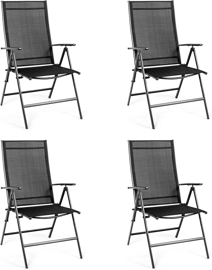 Tangkula Set of 4 Patio Foldable Dining Chairs, Outdoor Portable Camping Chairs with Armrest High Backrest, Folding Chairs for Porch, Poolside, Garden, Balcony, Backyard (Black)