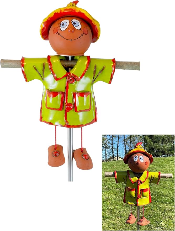 Ceramic Garden Decor - Scarecrow Lawn stake - Outdoor statue - Perfect, unique gifts for gardeners woman, men, yard gifts - Handmade, Frostproof