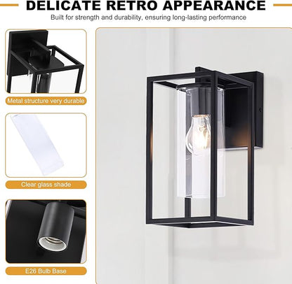 Pia Ricco Outdoor Wall Lights, Black Outdoor Wall Lantern with Square Clear Glass Shade, Waterproof Exterior Lighting Fixtures, Modern Front Porch Lighting for House, Garage, E26 Base, ETL Listed