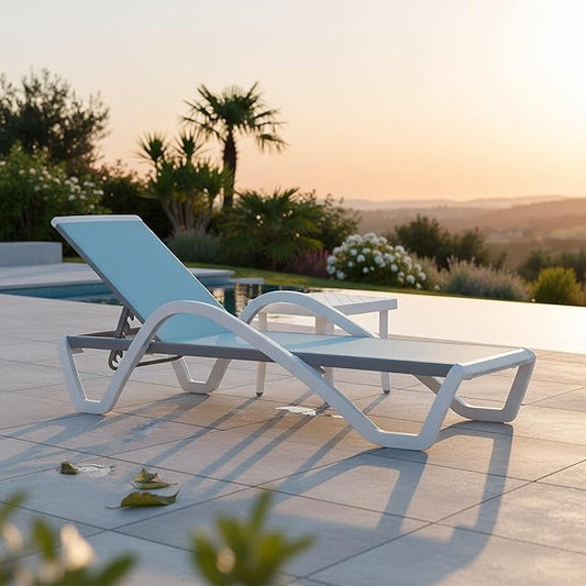 PURPLE LEAF Patio Chaise Lounge Chair Set Outside Aluminum Plastic Stackable Tanning Chairs with Armrests and Side Table for Pool Sunbathing Beach Deck Outdoor Lounger, Light Blue