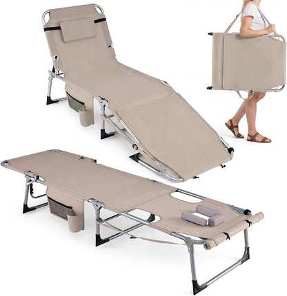 Giantex 2-Pack Tanning Chair with 5 Adjustable Position, Face & Arm Hole, Hand/Shoulder Strap, Removable Pillow, Side Pocket, 330 Lbs Capacity, Lounge Chair Outdoor for Beach Sunbathing, Beige