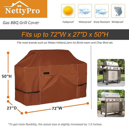 NettyPro Grill Cover Heavy Duty Waterproof 72 inch, Outdoor 3-5 Burners Gas BBQ Cover for Outside Weber, Char-Broil, Brinkmann, Nexgrill Large Barbecue, Black