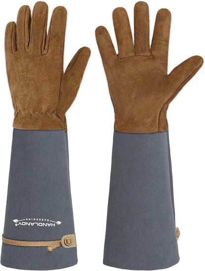 HANDLANDY Long Gardening Gloves for Men & Women, Pigskin Leather Rose Pruning Gloves, Breathable Thorn Proof Gauntlet Glove (Steel Gray, M)