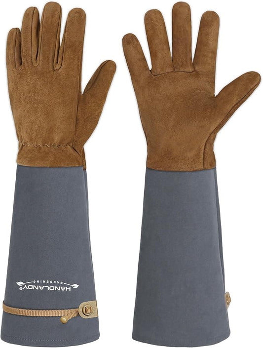 HANDLANDY Long Gardening Gloves for Men & Women, Pigskin Leather Rose Pruning Gloves, Breathable Thorn Proof Gauntlet Glove (Steel Gray, XL)