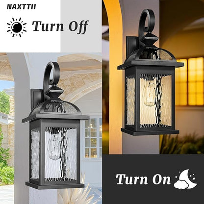 Outdoor Porch Lights Wall Mount Matte Black Outdoor Wall Lamps with Water Ripple Glass 15 Inch Large Aluminum Exterior Lighting Fixtures for Garage Front Door E26 Socket