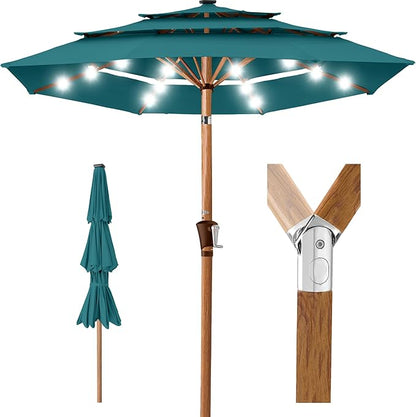 Best Choice Products 10ft 3-Tier Solar Patio Market Umbrella, Outdoor Sun Shade for Backyard, Deck, Poolside, Table w/Woodgrain Pattern, LED Lights, Tilt Adjustment - Cerulean