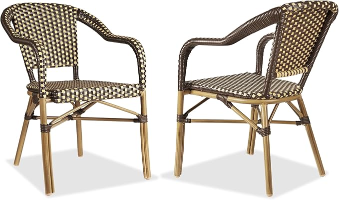 PURPLE LEAF Bistro Chair (Set of 2) French Hand-Woven Wicker Armchairs for Outdoor Patio Porch Garden Indoor, Bamboo Print Finish, Coffee, Dining Chairs