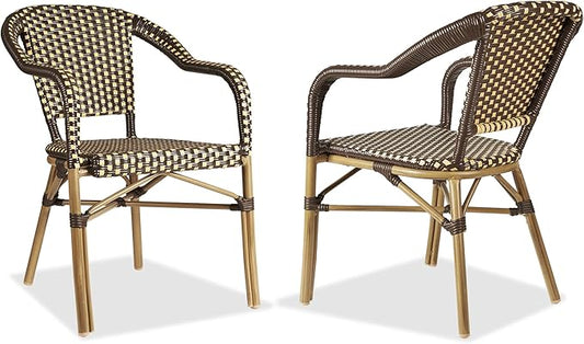 PURPLE LEAF Bistro Chair (Set of 2) French Hand-Woven Wicker Armchairs for Outdoor Patio Porch Garden Indoor, Bamboo Print Finish, Coffee, Dining Chairs