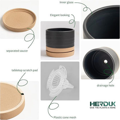 HERDUK 6 Inch Plant Pots, Ceramic Planter Pot with Drainage Hole & Saucer, Indoor/Outdoor Cylinder Round Planter Pot, Matte Black & Brown