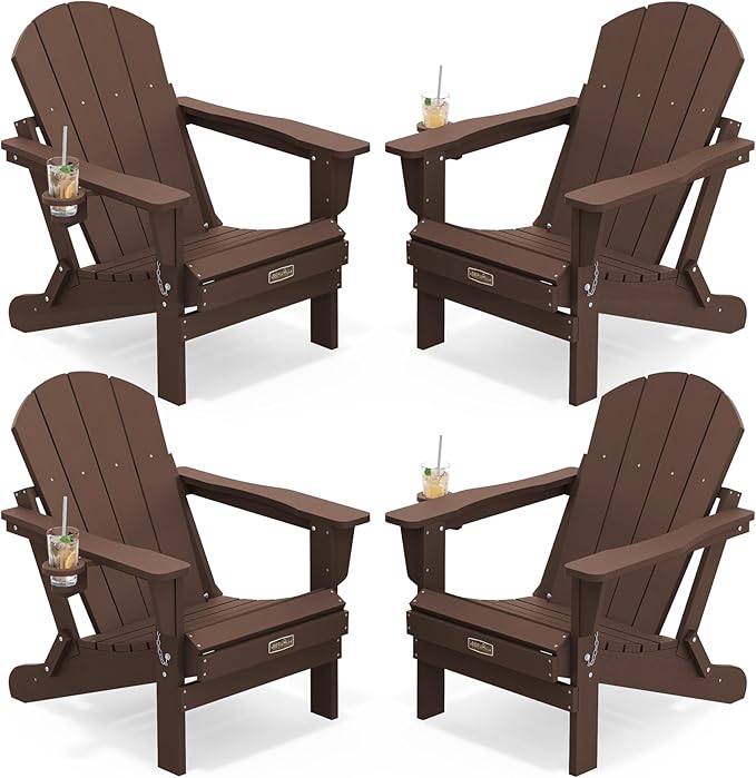 SERWALL Folding Adirondack Chair Set of 4, Weather Resistant HIPS Patio Chairs with Cup Holder for Garden Outdoors Fire Pit- Coffee