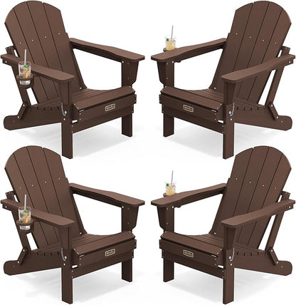 SERWALL Folding Adirondack Chair Set of 4, Weather Resistant HIPS Patio Chairs with Cup Holder for Garden Outdoors Fire Pit- Coffee