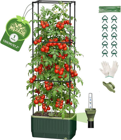 Raised Garden Bed with Tomato Cages，52"/4.3ft Tomato Planter with Trellis,Adjustable Height,Self Watering Planter Box for Vegetables & Climbing Plant Indoor Outdoor Balcony Patio (1)