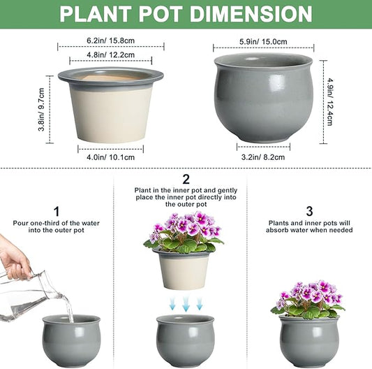 6 Inch Ceramic African Violet Pot, Easy Self Watering Pots with Absorbent Inner Pot, Round Self Watering Planter, Ceramic Pots for Plants Indoor, Apartment Decor, Housewarming Gifts, Grey